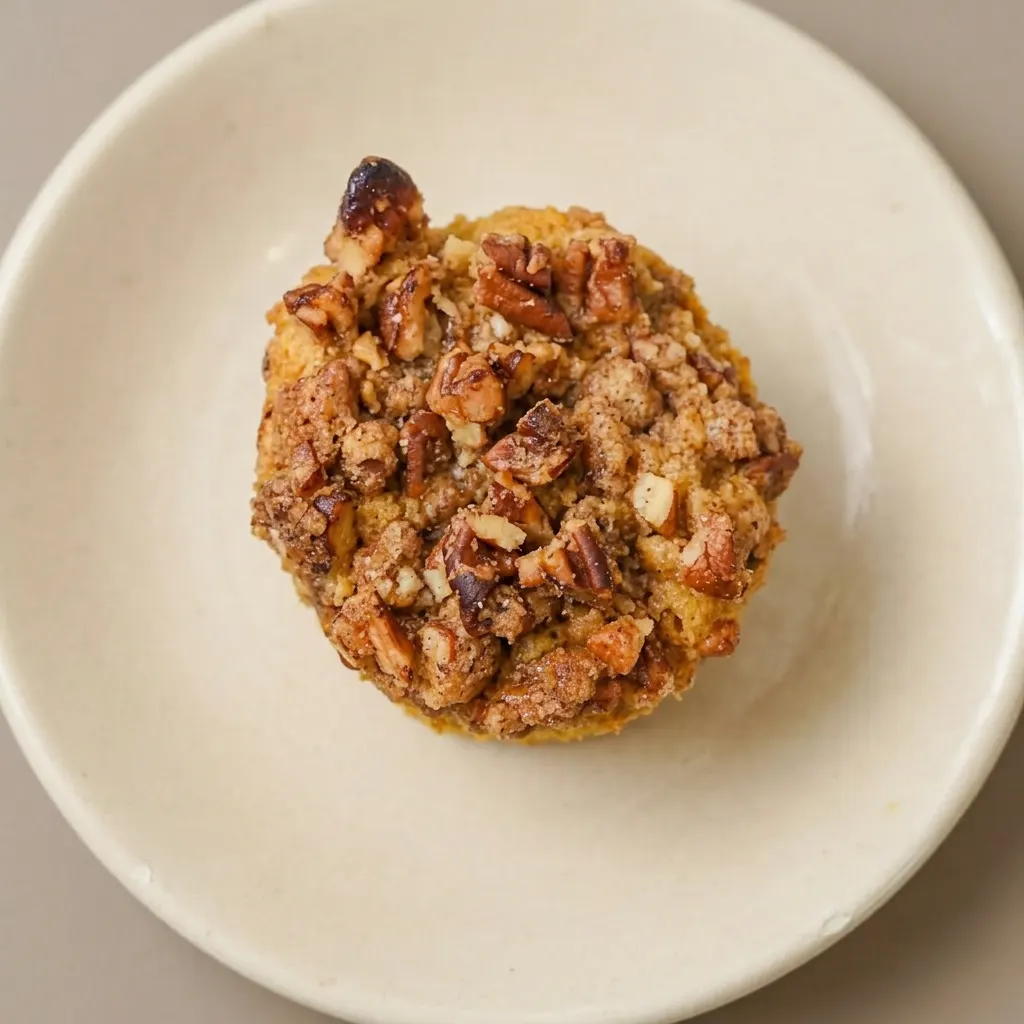 A serving of three muffins on a white surface, one with a cream cheese dollop and pecan garnish, sprinkled with pumpkin pie spice.