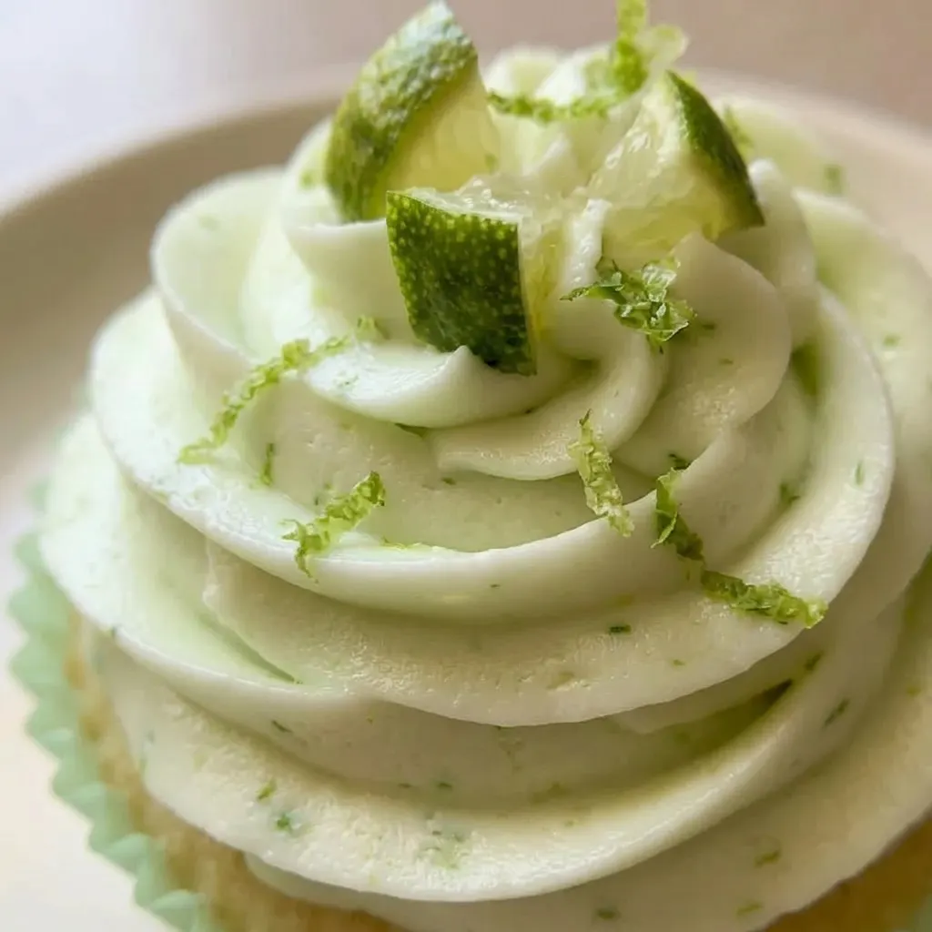 Macro detail of a key lime cupcake with creamy white buttercream, visible green zest flecks, and a lime slice.