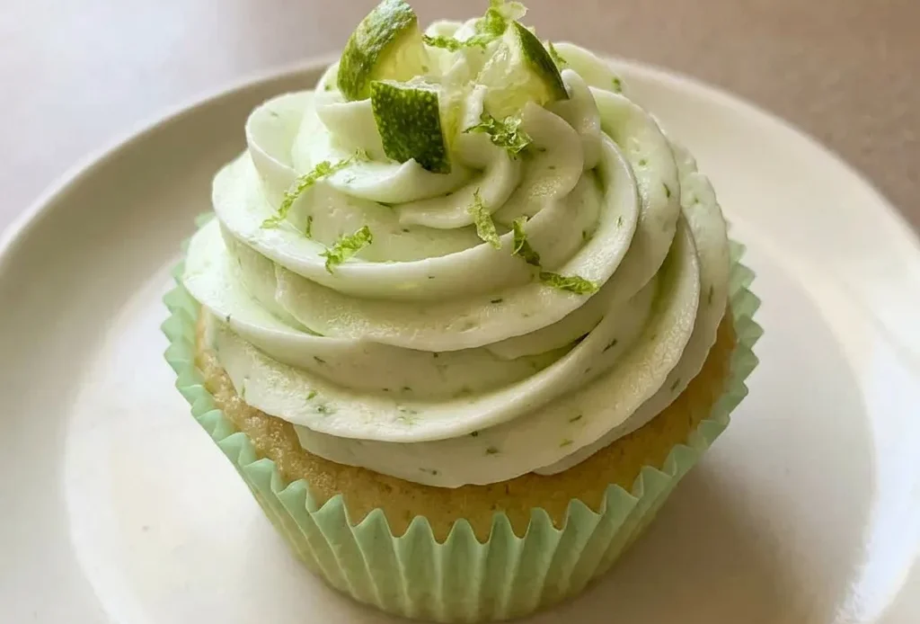 Top-down look at three key lime cupcakes with white frosting, green zest, and a lime wedge on each.