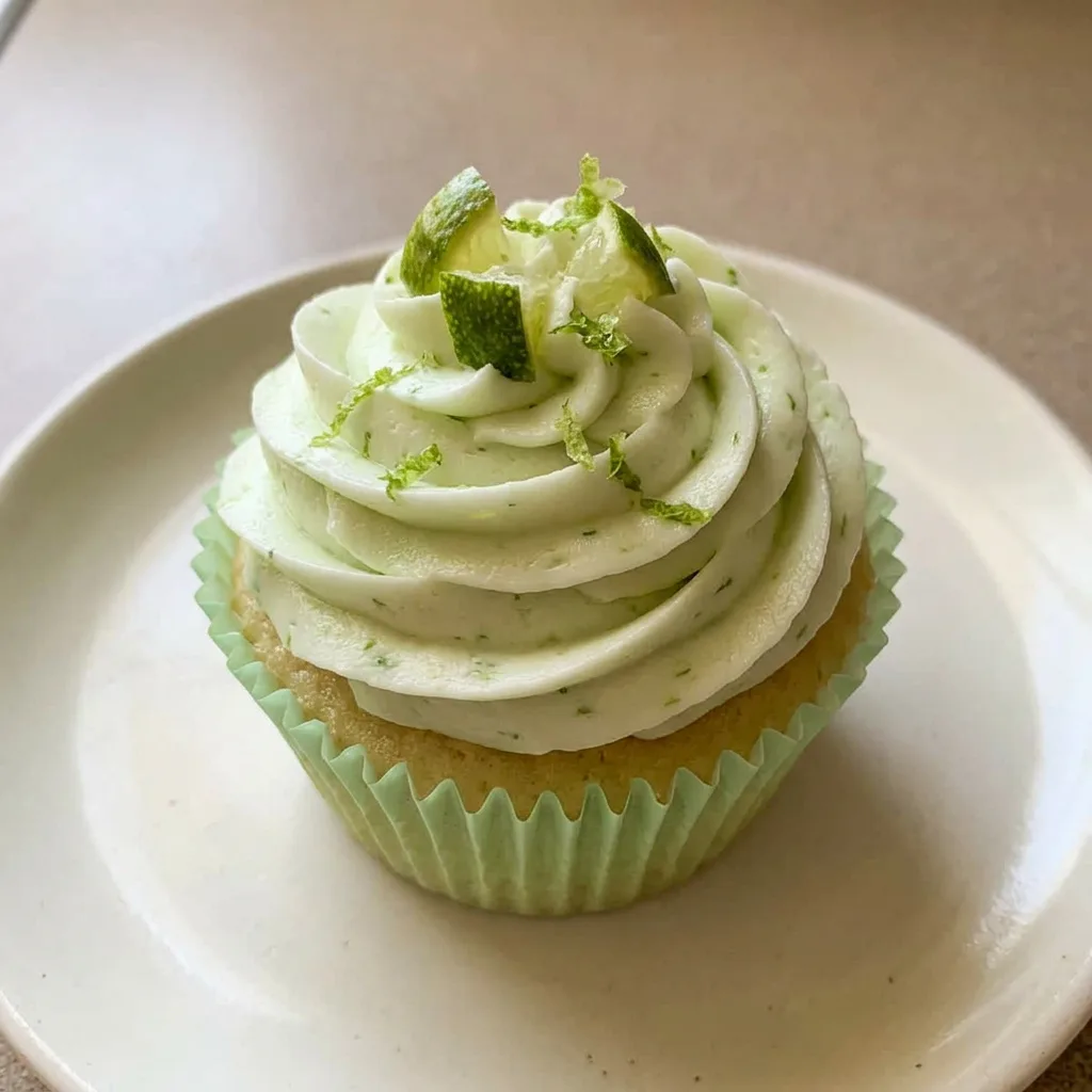 Top-down look at three key lime cupcakes with white frosting, green zest, and a lime wedge on each.