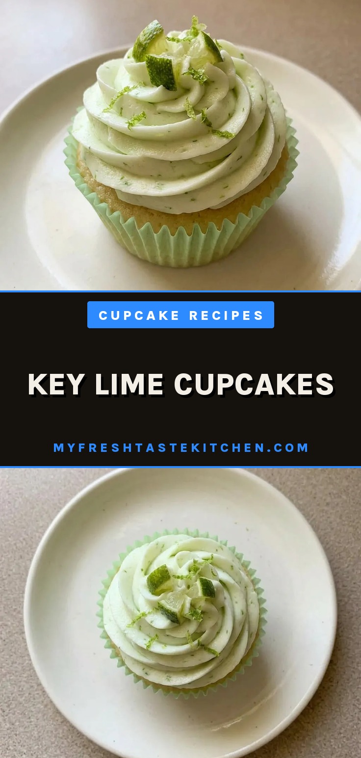 Top-down look at three key lime cupcakes with white frosting, green zest, and a lime wedge on each.