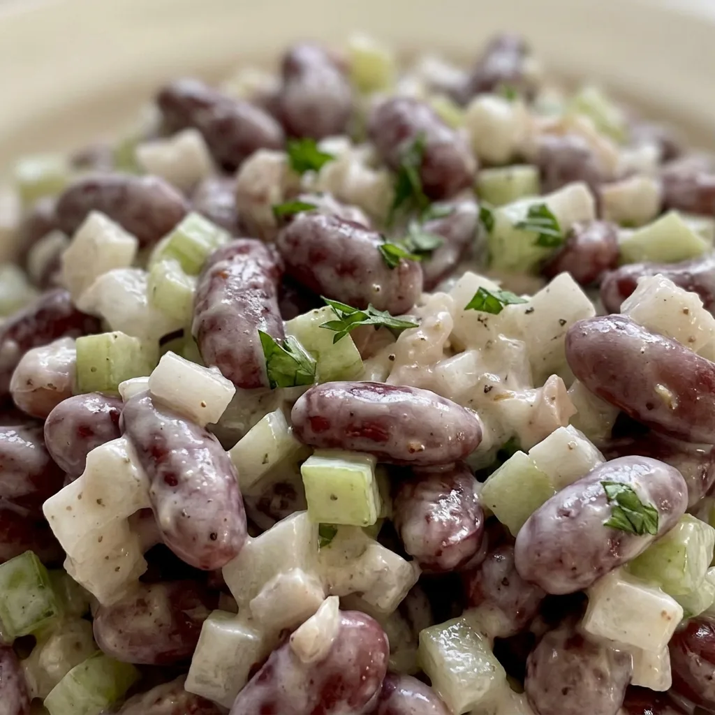 Up close, kidney beans, celery, and onion in mayonnaise with visible specks of black pepper and a glossy sheen.