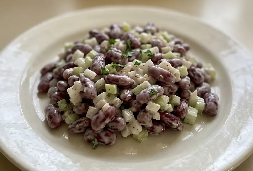 Looking down at a white bowl of kidney bean salad with red beans, chopped celery, and onion, coated in creamy mayonnaise.