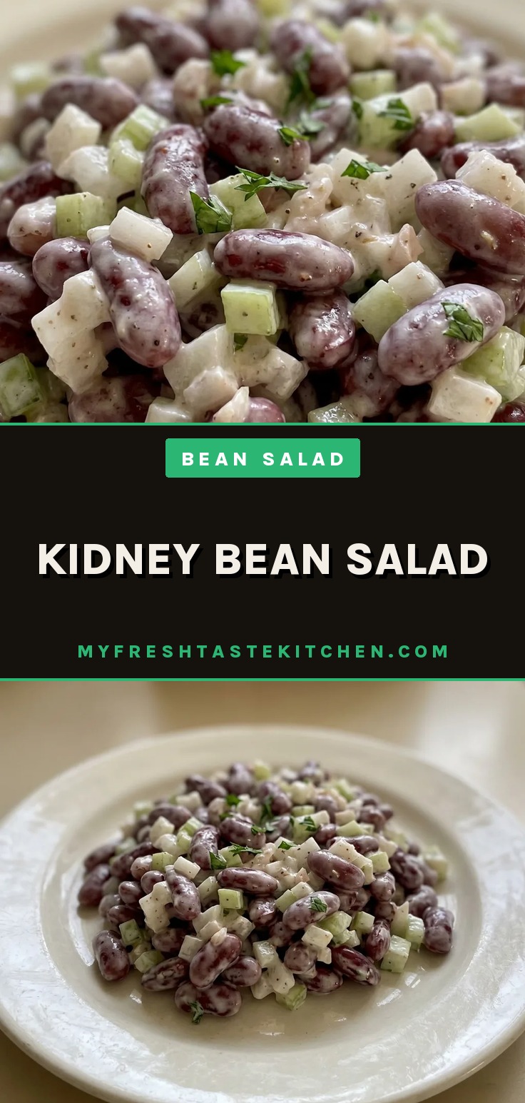 Kidney bean salad with kidney beans, celery, and onion in a creamy mayonnaise dressing.