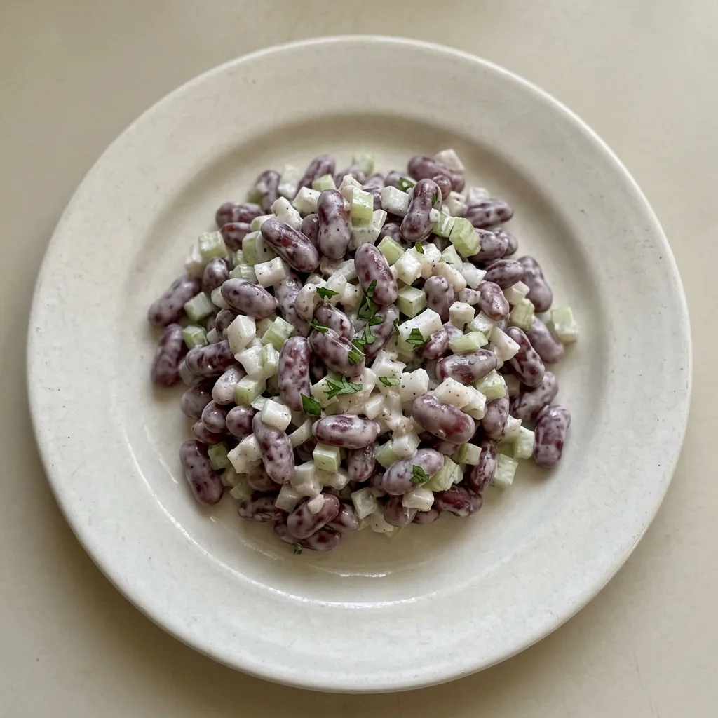A plate of kidney bean salad featuring red beans, celery, and onion mixed with mayonnaise, seasoned with salt and pepper.