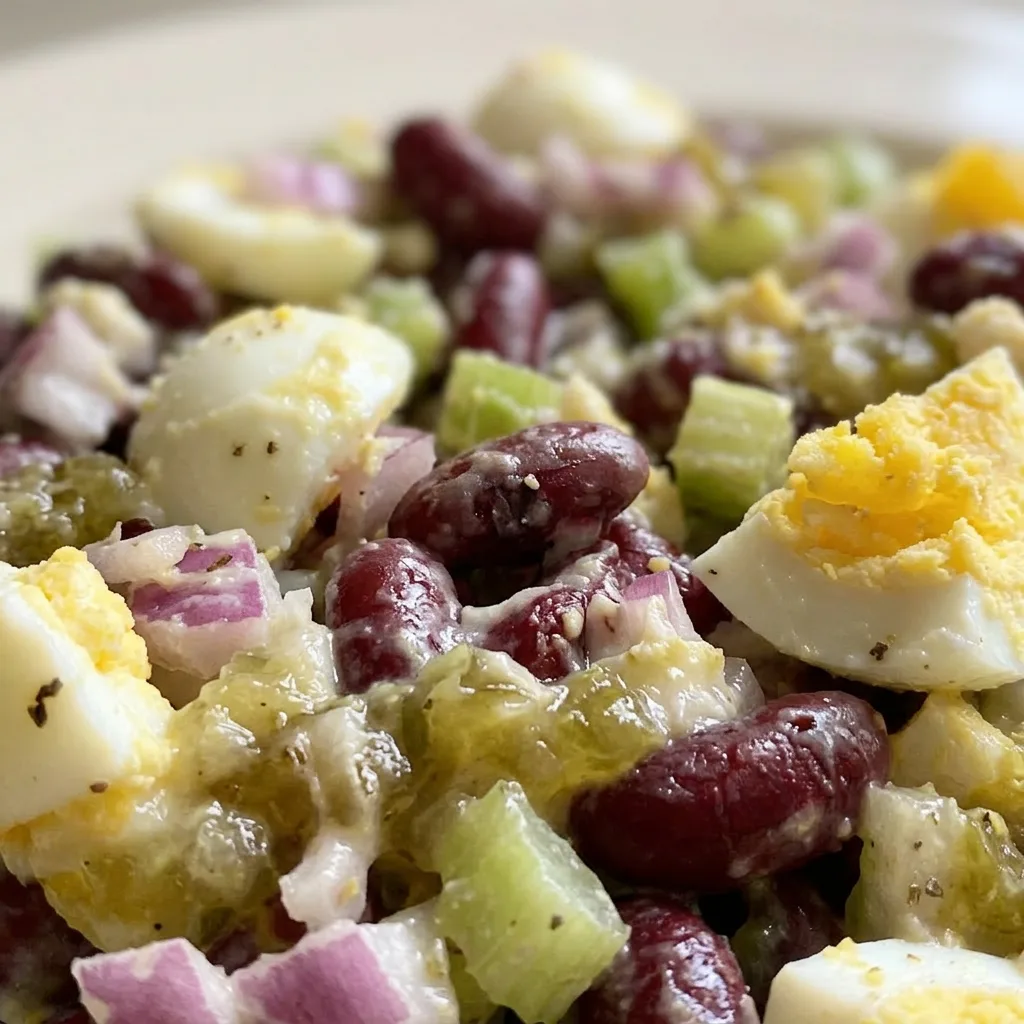 Macro detail of kidney bean salad showing red onion, celery, and hard boiled egg pieces coated in mayonnaise with sweet pickle relish.