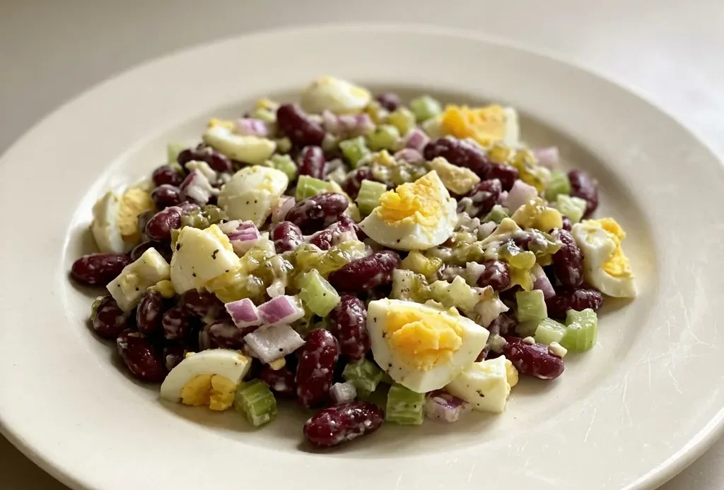 Top-down look at a bowl of kidney bean salad with red onion, celery, and hard boiled eggs in mayonnaise dressing.