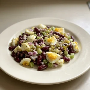 Top-down look at a bowl of kidney bean salad with red onion, celery, and hard boiled eggs in mayonnaise dressing.