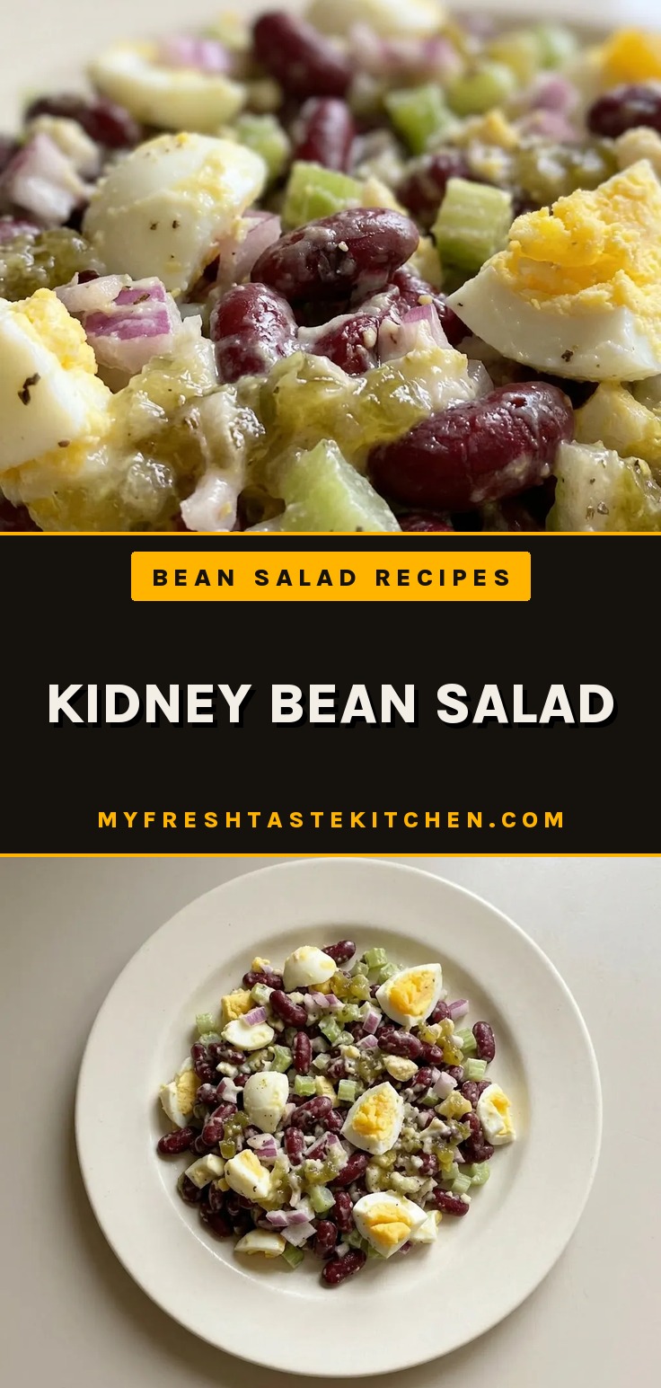 Kidney bean salad with eggs, red onion, and celery in a creamy dressing, chilled and ready to serve.