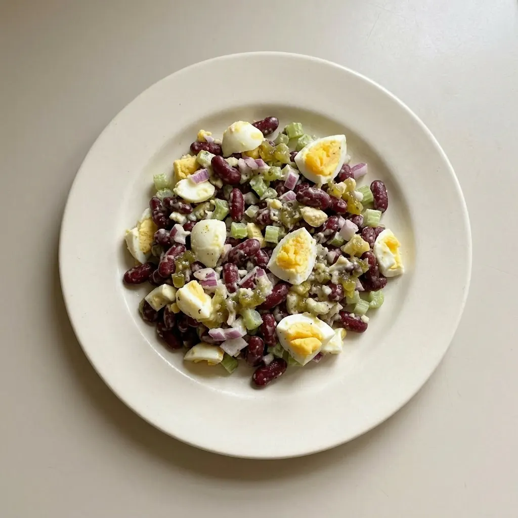 A serving of kidney bean salad featuring kidney beans, red onion, celery, and hard boiled eggs mixed with mayonnaise and sweet pickle relish.