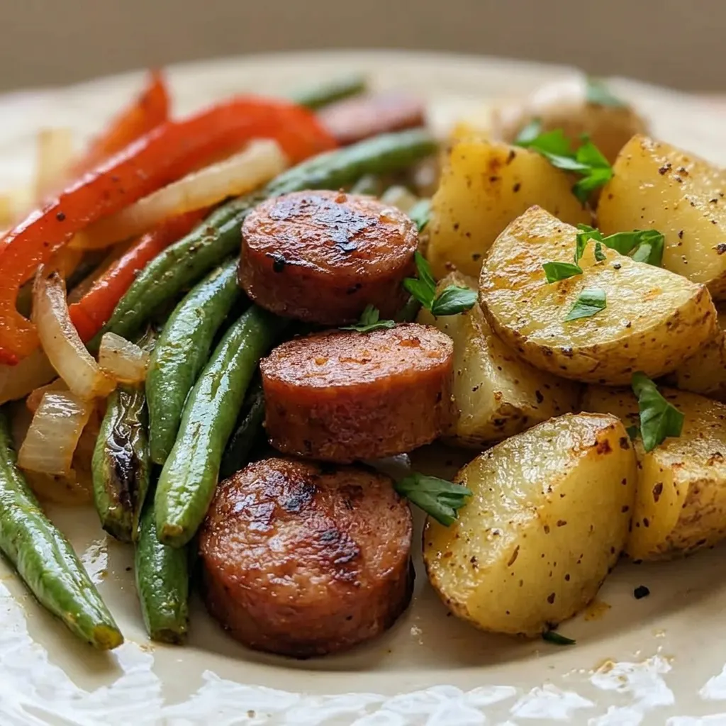 Close view of a fork lifting a piece of kielbasa with potatoes and green beans in the background.
