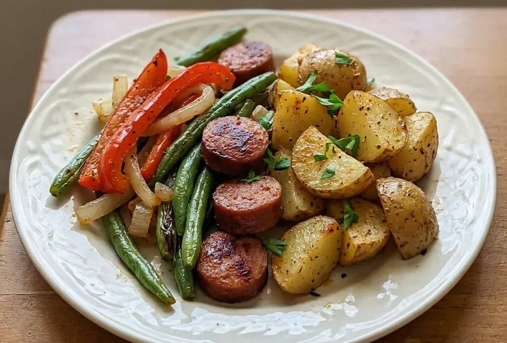 Overhead shot of sliced kielbasa, potato chunks, green beans, bell pepper, and onion arranged on a dark surface.