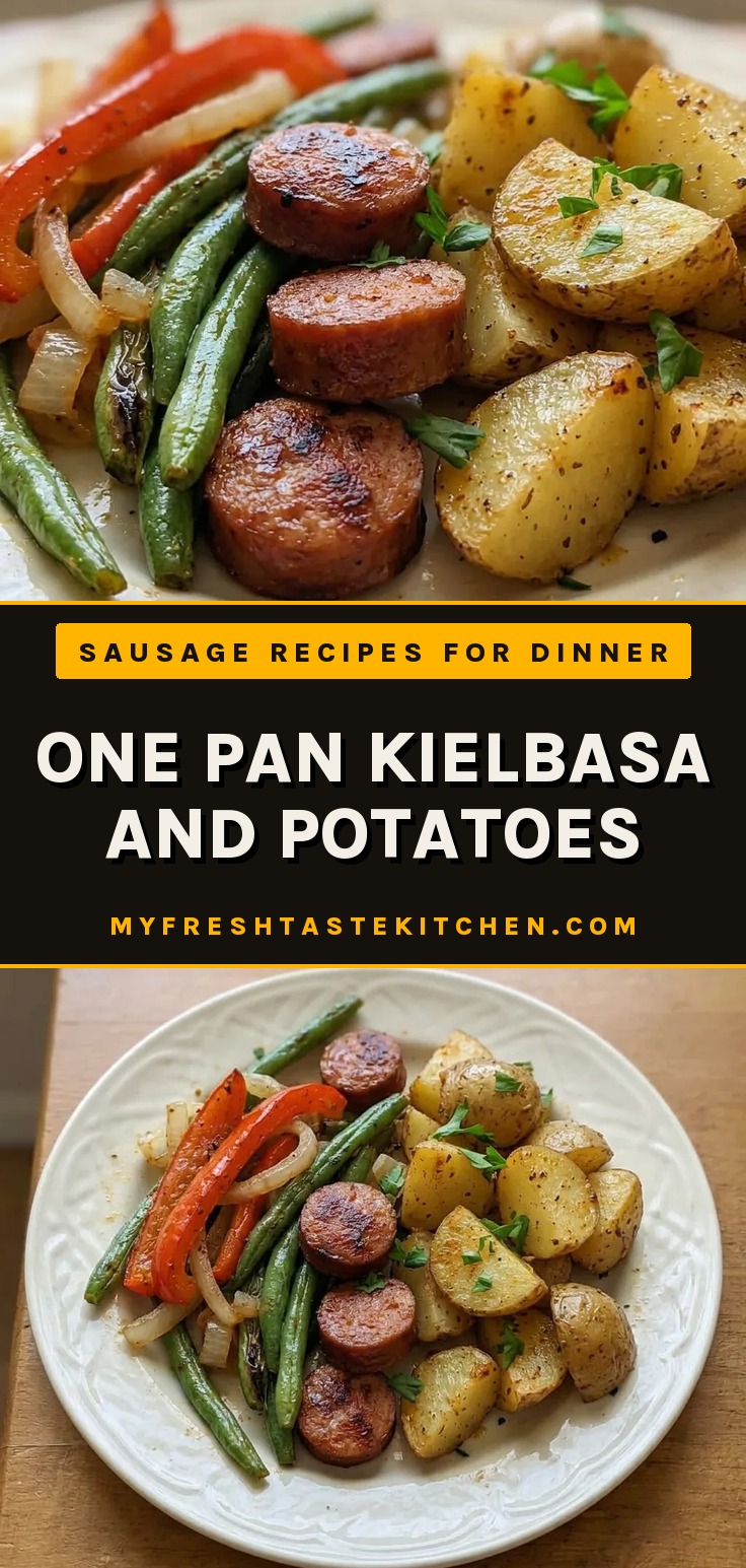 Overhead shot of sliced kielbasa, potato chunks, green beans, bell pepper, and onion arranged on a dark surface.