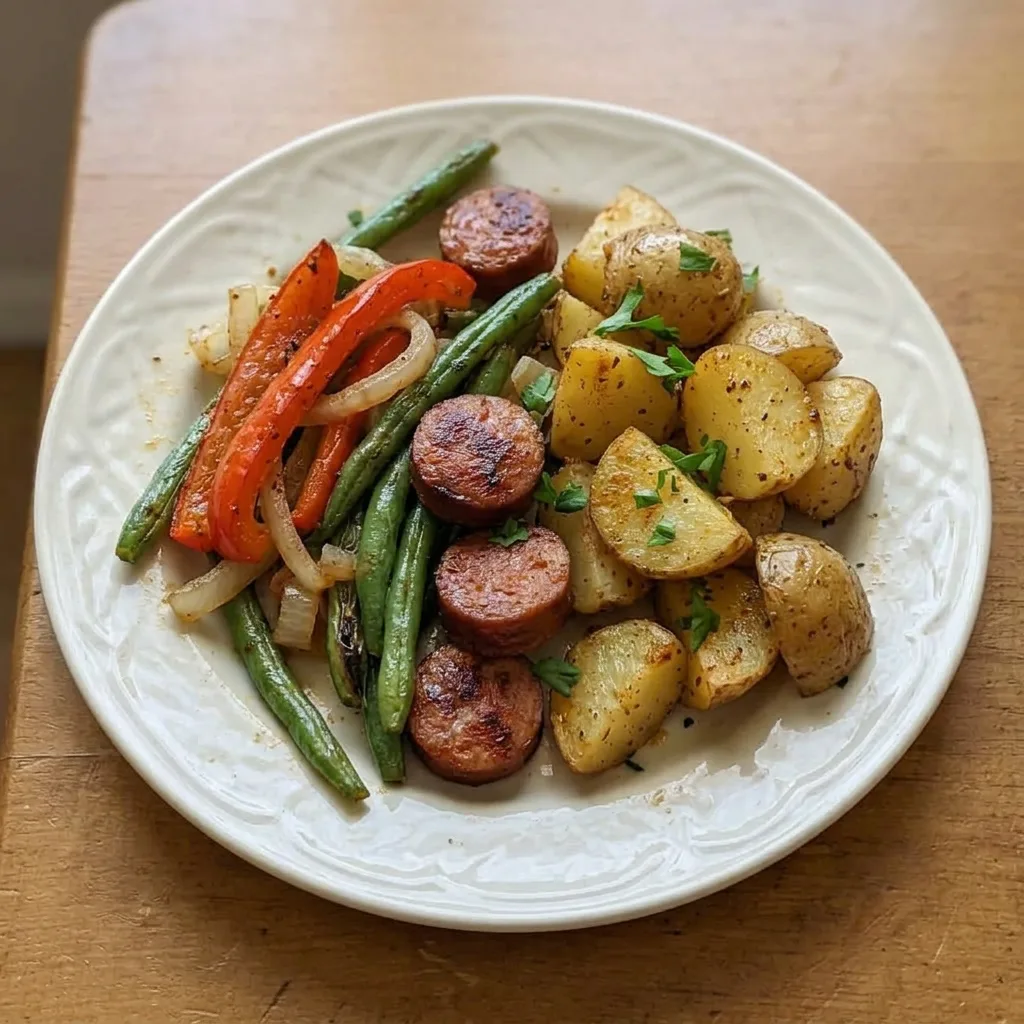Plated kielbasa and potatoes with green beans, bell pepper, and onion, garnished with parsley.
