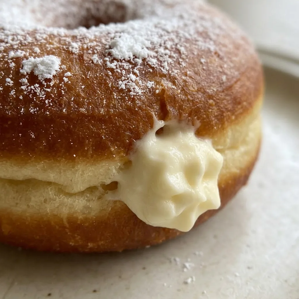 Up close, a golden donut with a dusting of powdered sugar, showing a creamy white filling oozing from a bite.