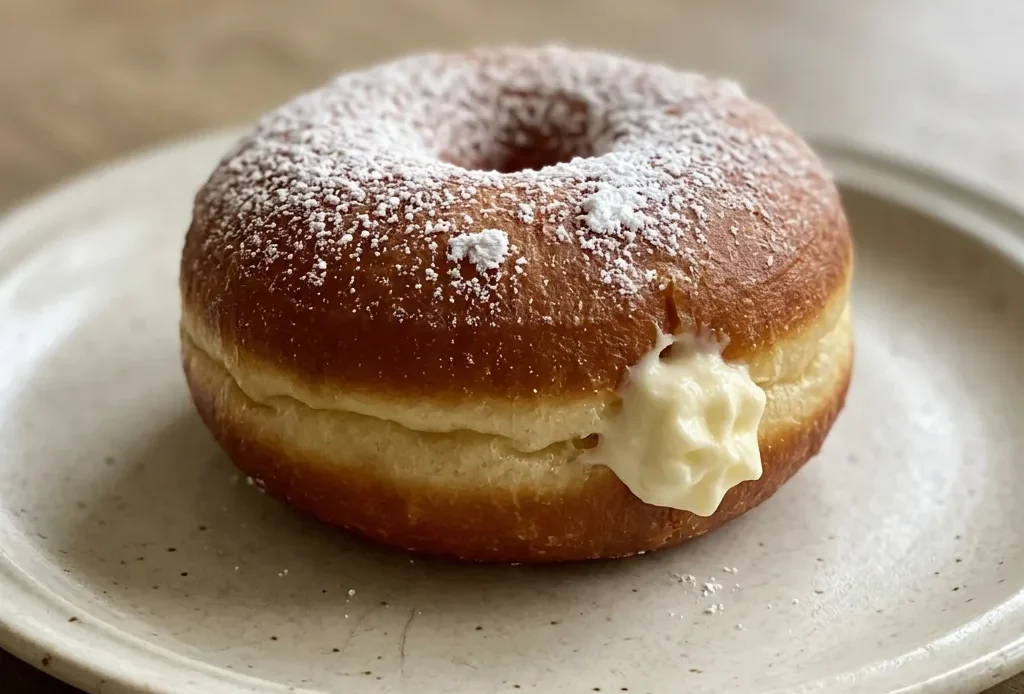 Looking down at three round donuts dusted with powdered sugar on a white plate.