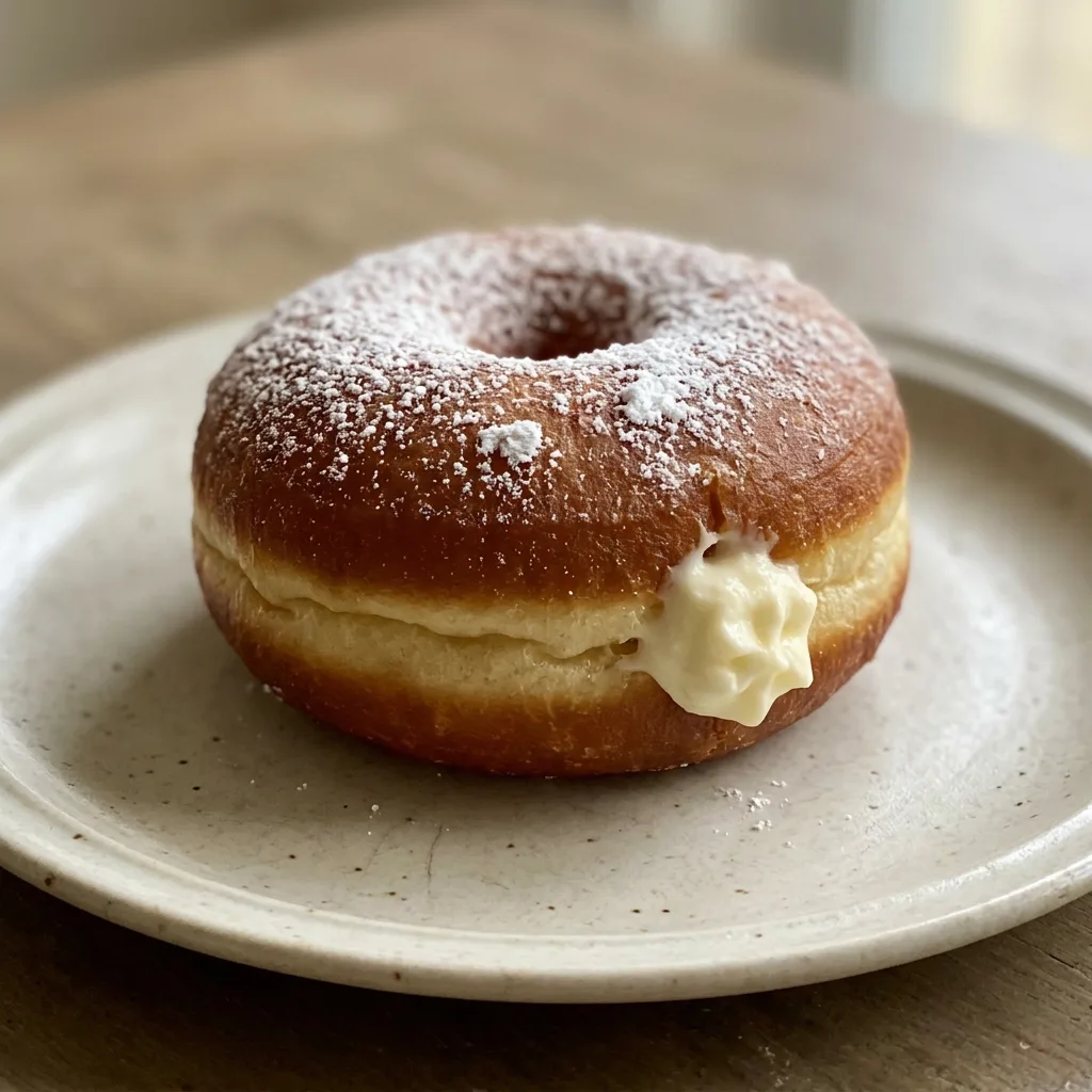 Looking down at three round donuts dusted with powdered sugar on a white plate.
