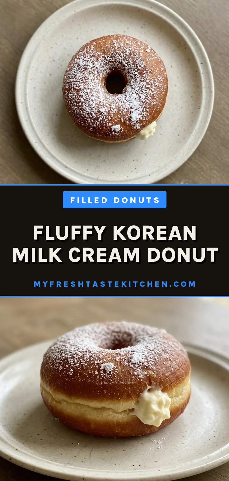 Fluffy Korean milk cream donut with whipped cream filling and golden brown donut exterior dusted with powdered sugar.