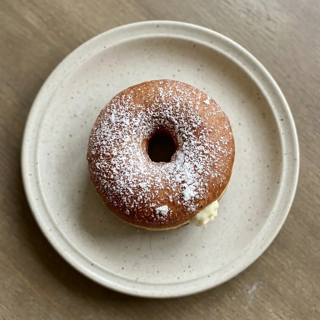 A plate of fluffy donuts topped with powdered sugar, next to a small bowl of whipped cream.