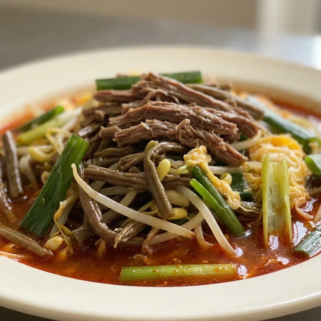 Up close, beef brisket shreds and bean sprouts in spicy red broth with garlic slices and green onion pieces, glistening with sesame oil.