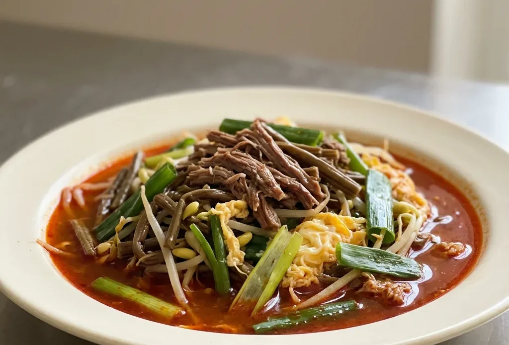 Looking down at a bowl of red broth with beef brisket, bean sprouts, and green onions, topped with sesame oil and gochugaru.
