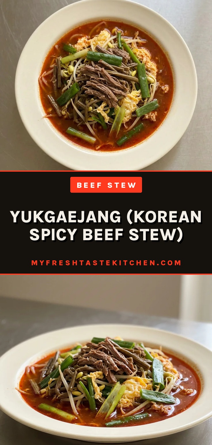 Yukgaejang Korean spicy beef stew shows shredded beef brisket, bean sprouts, and green onions in a red gochugaru broth.