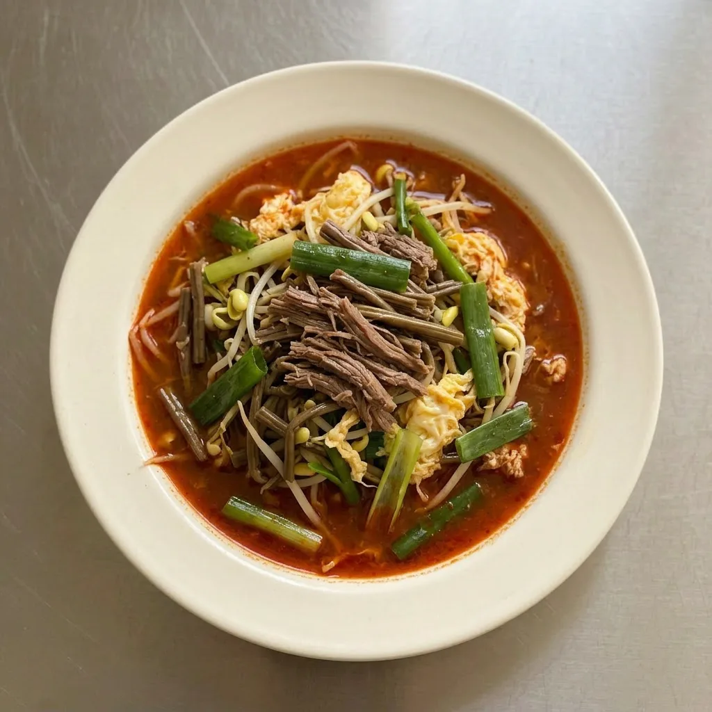 A plate of Yukgaejang stew with beef brisket, bean sprouts, and green onions in gochugaru broth, garnished with sesame oil and garlic.