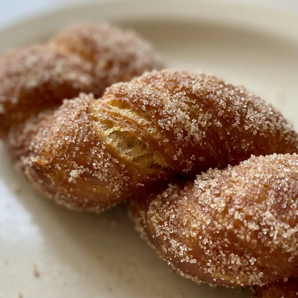 Up close, a golden-brown twisted donut with a light dusting of cinnamon sugar.