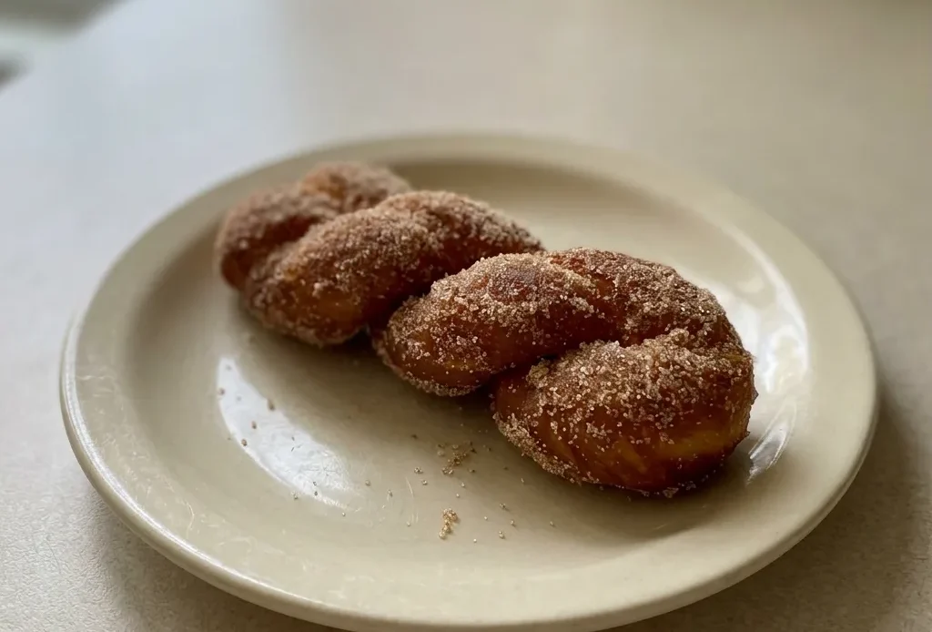 Looking down at a twisted donut dusted with cinnamon sugar on a dark surface.