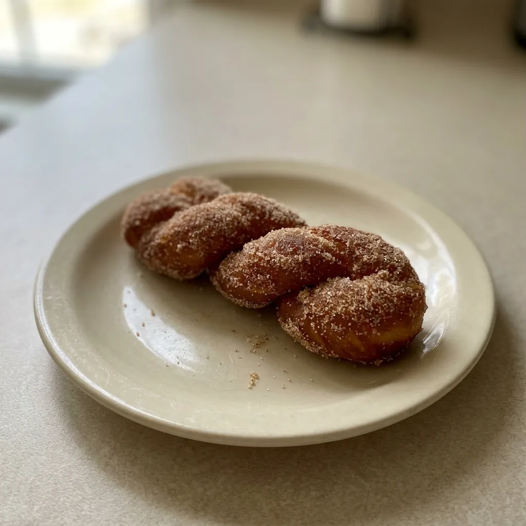 Looking down at a twisted donut dusted with cinnamon sugar on a dark surface.
