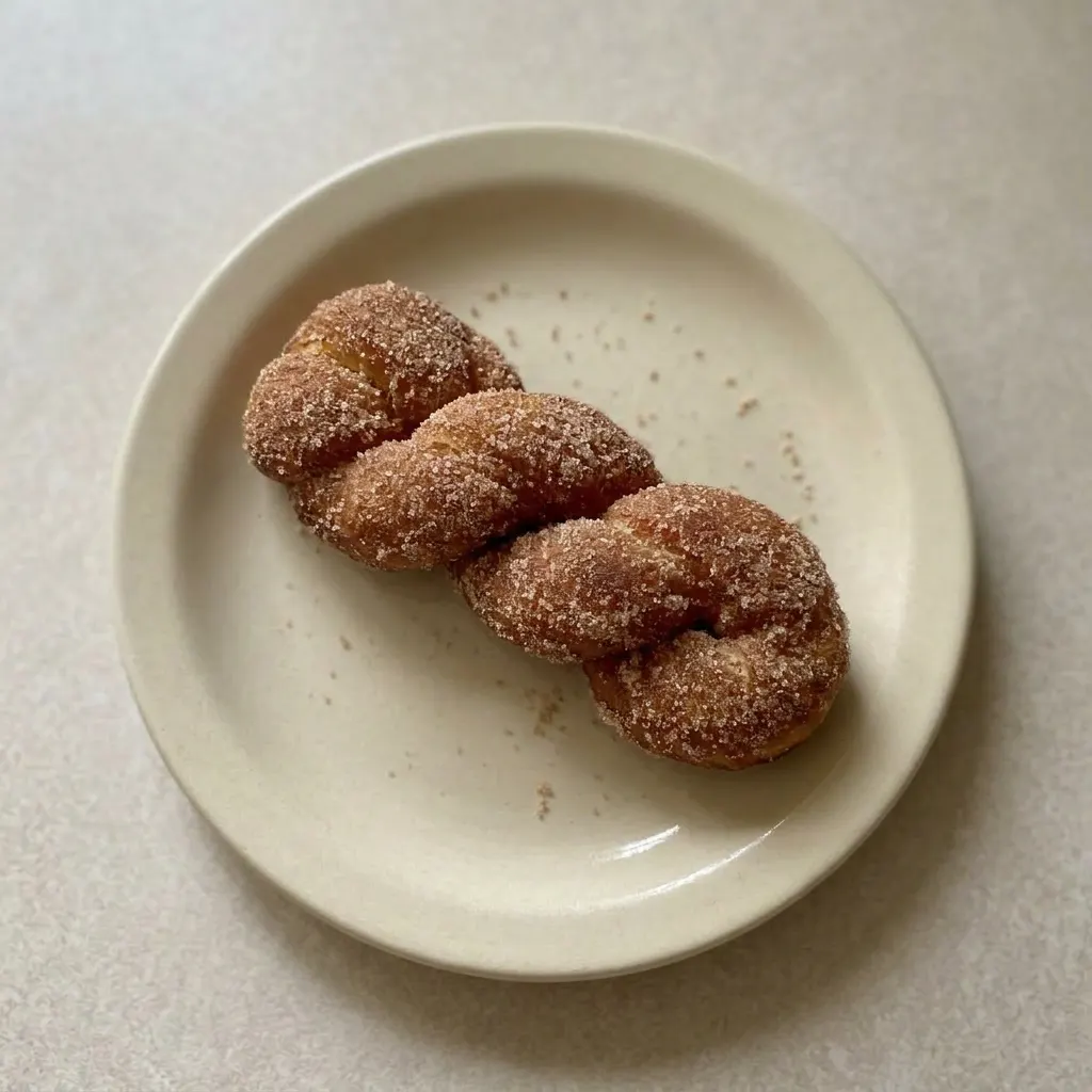 A plate of twisted donuts coated in cinnamon sugar, arranged in a neat pile.