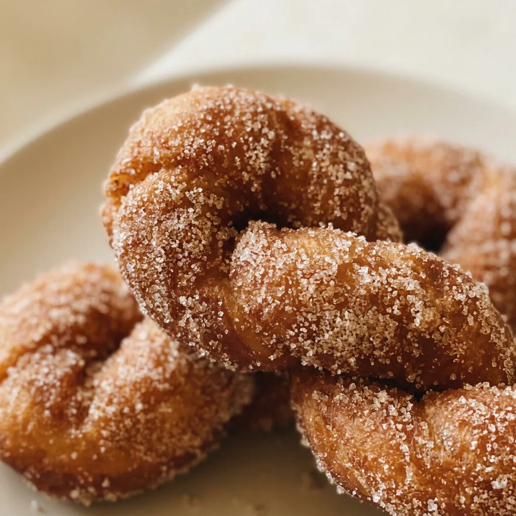 Macro detail of a golden-brown twisted doughnut with visible cinnamon specks.