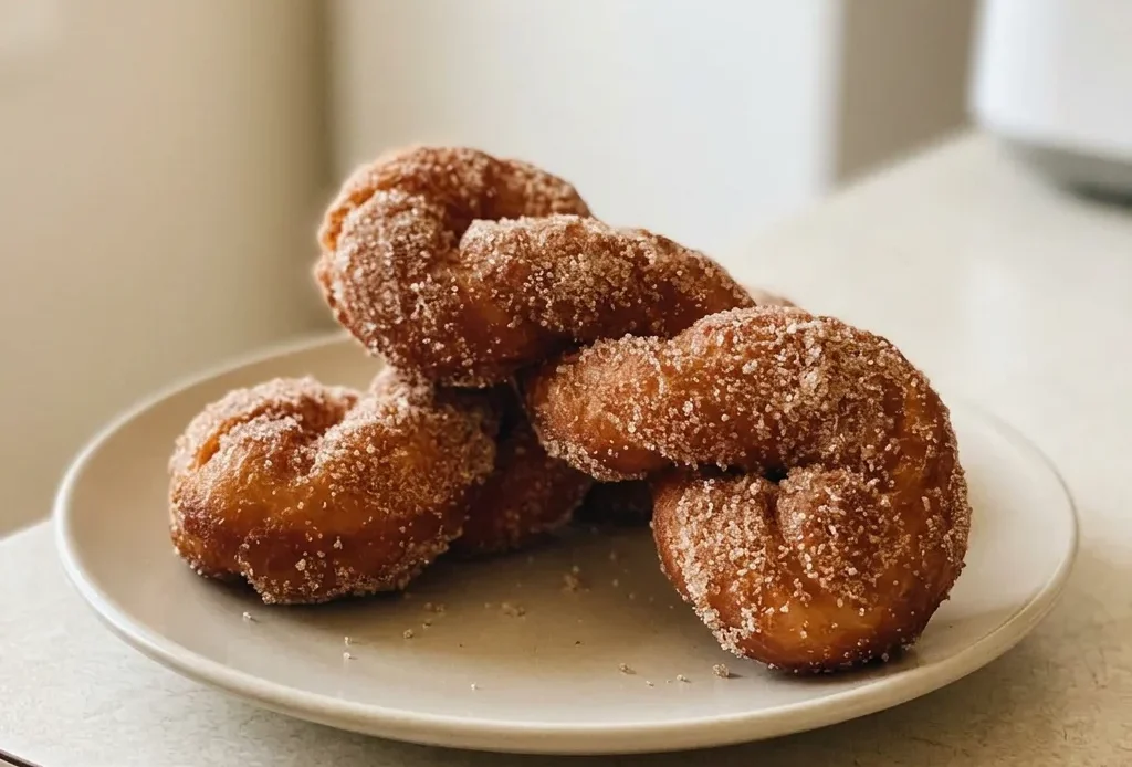 Top-down look at a twisted doughnut dusted with cinnamon and sugar on a dark surface.
