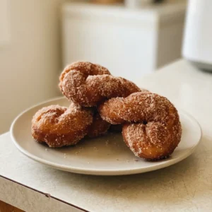 Top-down look at a twisted doughnut dusted with cinnamon and sugar on a dark surface.