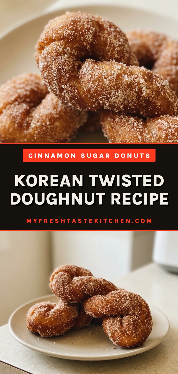 Korean twisted doughnut recipe: golden fried dough twists coated in cinnamon sugar, showing their twisted shape and light, airy texture.