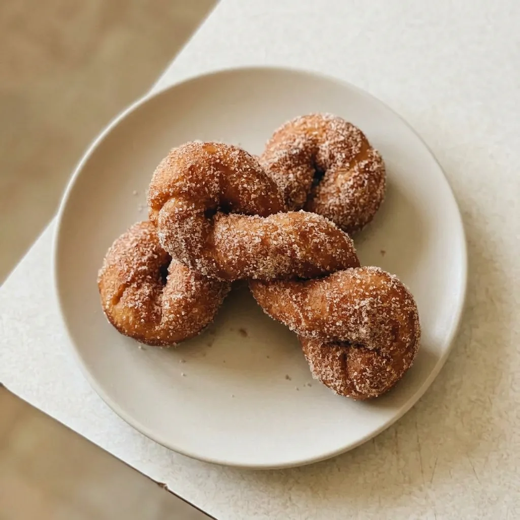 A serving of a twisted doughnut with a glossy butter finish and cinnamon topping.