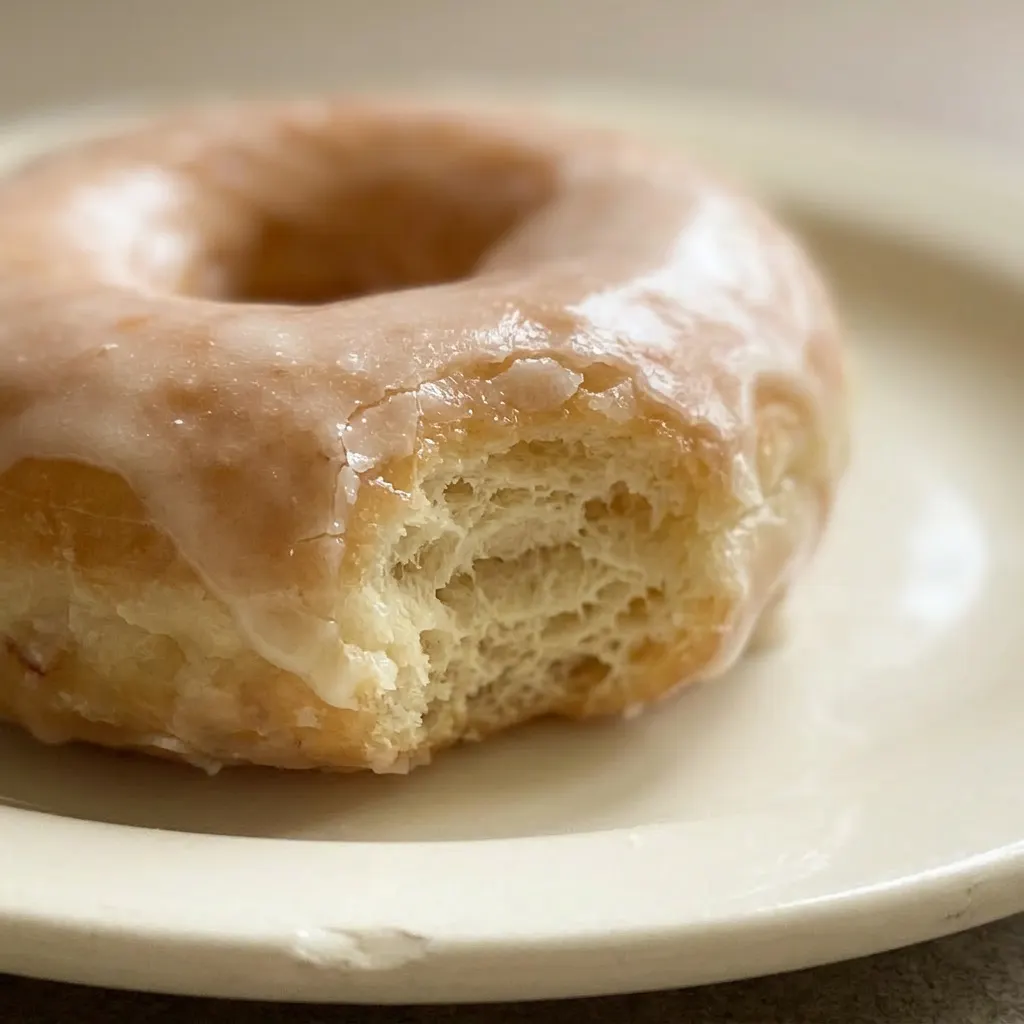 Close view of a glazed doughnut showing smooth icing and a soft, airy crumb.