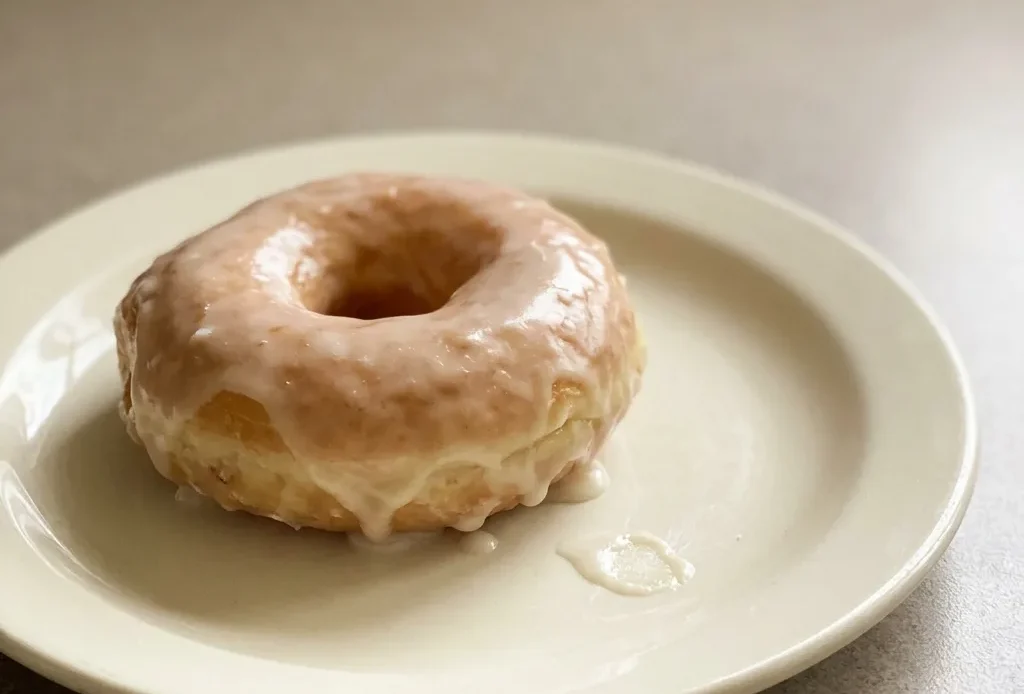 Overhead shot of three glazed doughnuts with glossy white icing on a dark surface.