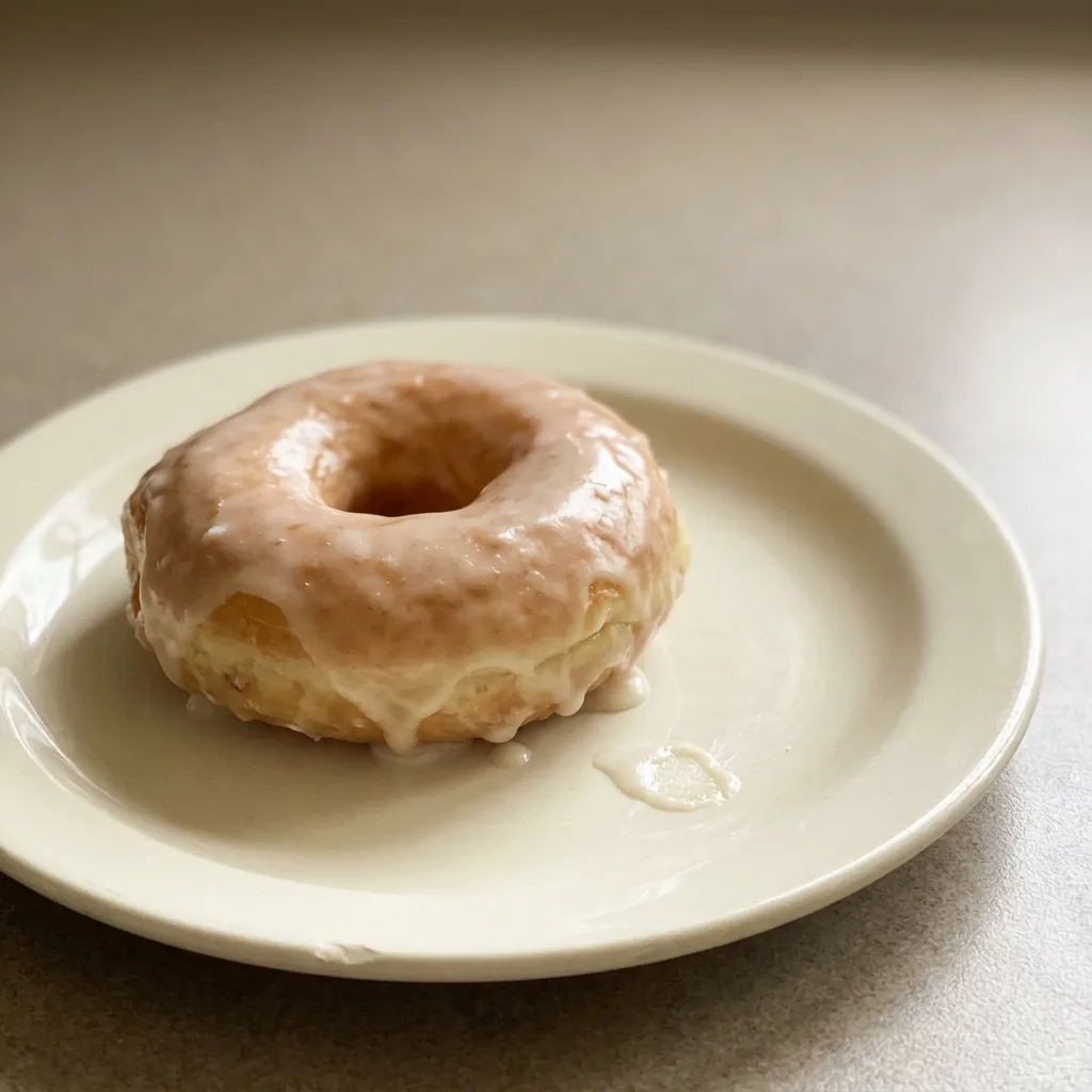 Overhead shot of three glazed doughnuts with glossy white icing on a dark surface.