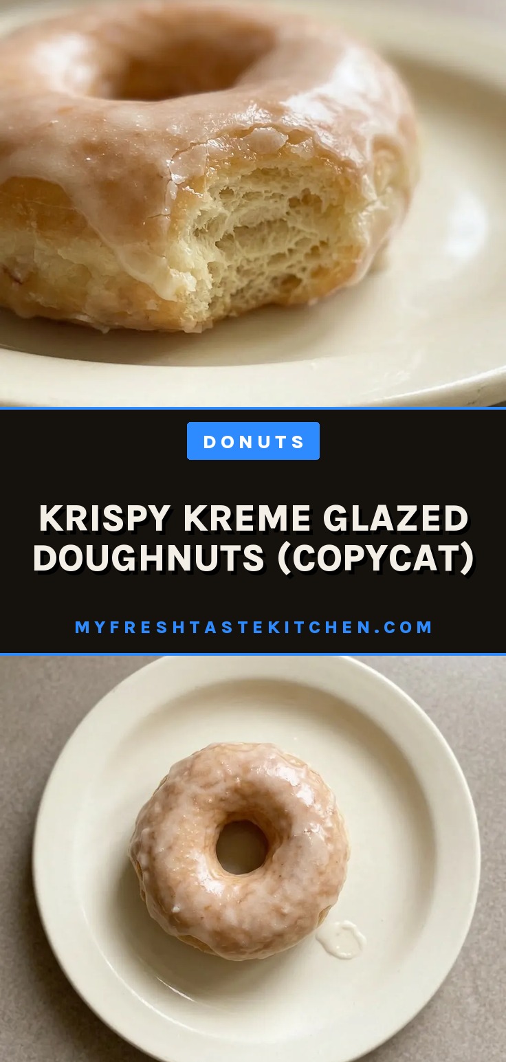 Krispy Kreme glazed doughnuts copycat on a cooling rack, golden brown rings with white glaze, homemade donuts with a soft yeast dough texture.