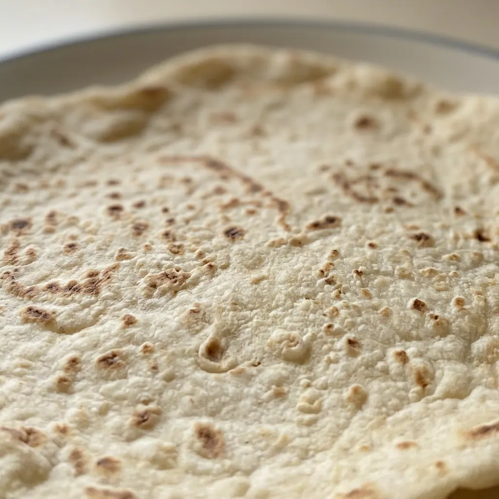 Close view of a slice of lavash bread showing a soft crumb and a drizzle of honey on the top.