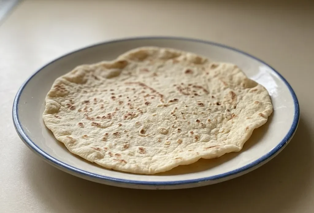 Overhead shot of a round lavash bread with a golden-brown crust and small air bubbles, topped with honey and a dusting of bread flour.
