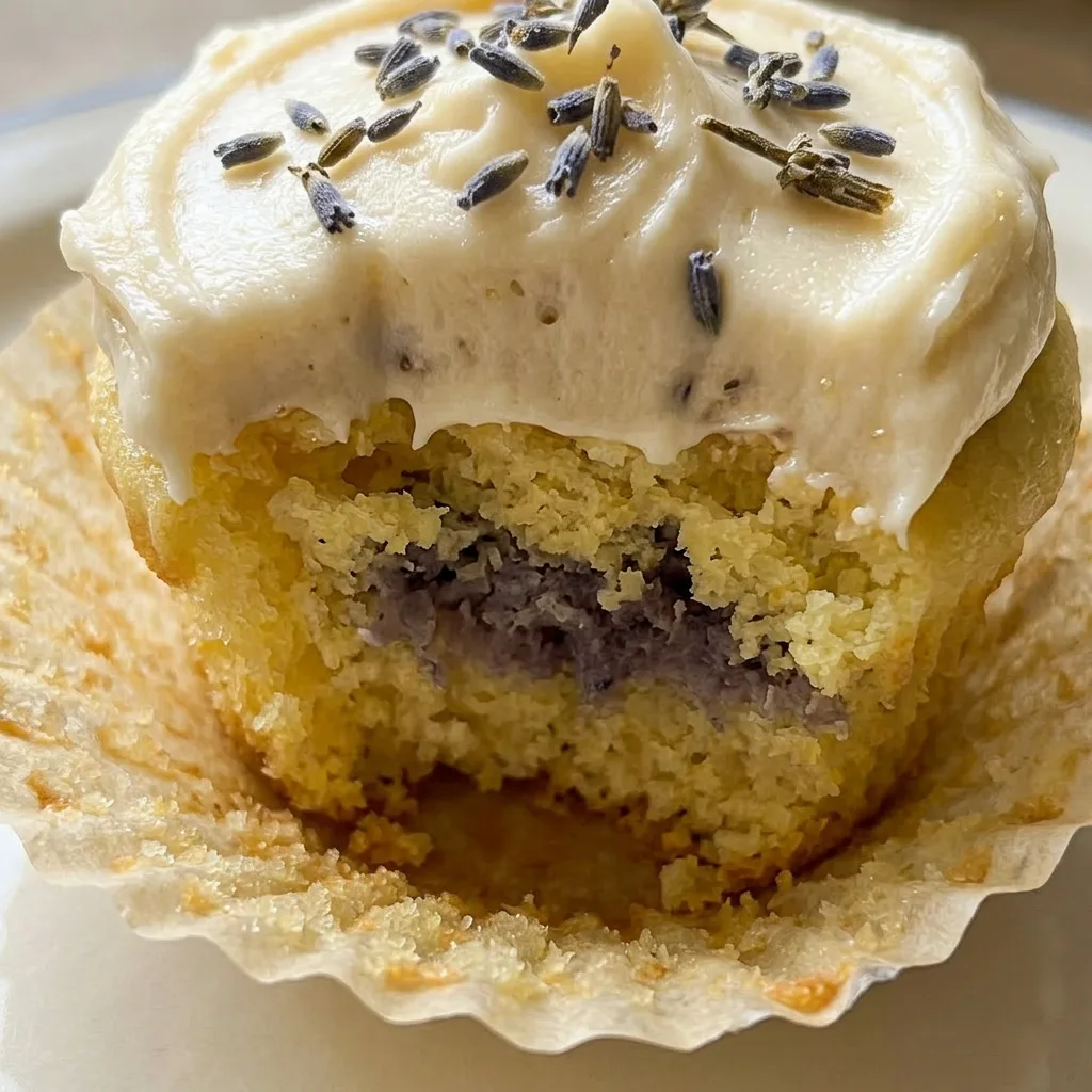 Zoomed in on a lavender honey cupcake, showing a dollop of honey buttercream topped with a drizzle of honey and purple lavender petals.