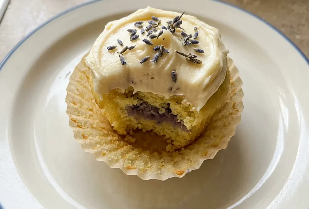 Bird's-eye view of a lavender honey cupcake with a swirl of honey buttercream and a sprinkle of dried lavender buds.