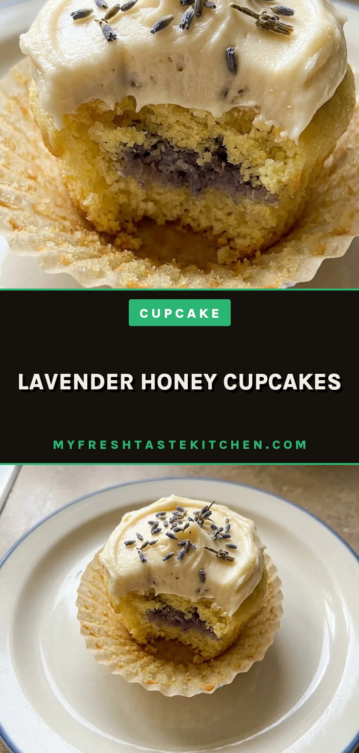 Bird's-eye view of a lavender honey cupcake with a swirl of honey buttercream and a sprinkle of dried lavender buds.