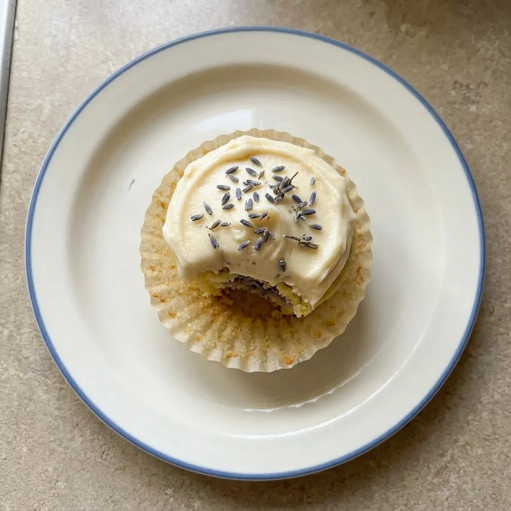 Ready to serve: a single lavender honey cupcake with a generous swirl of honey buttercream, garnished with lavender and a light dusting of powdered sugar.