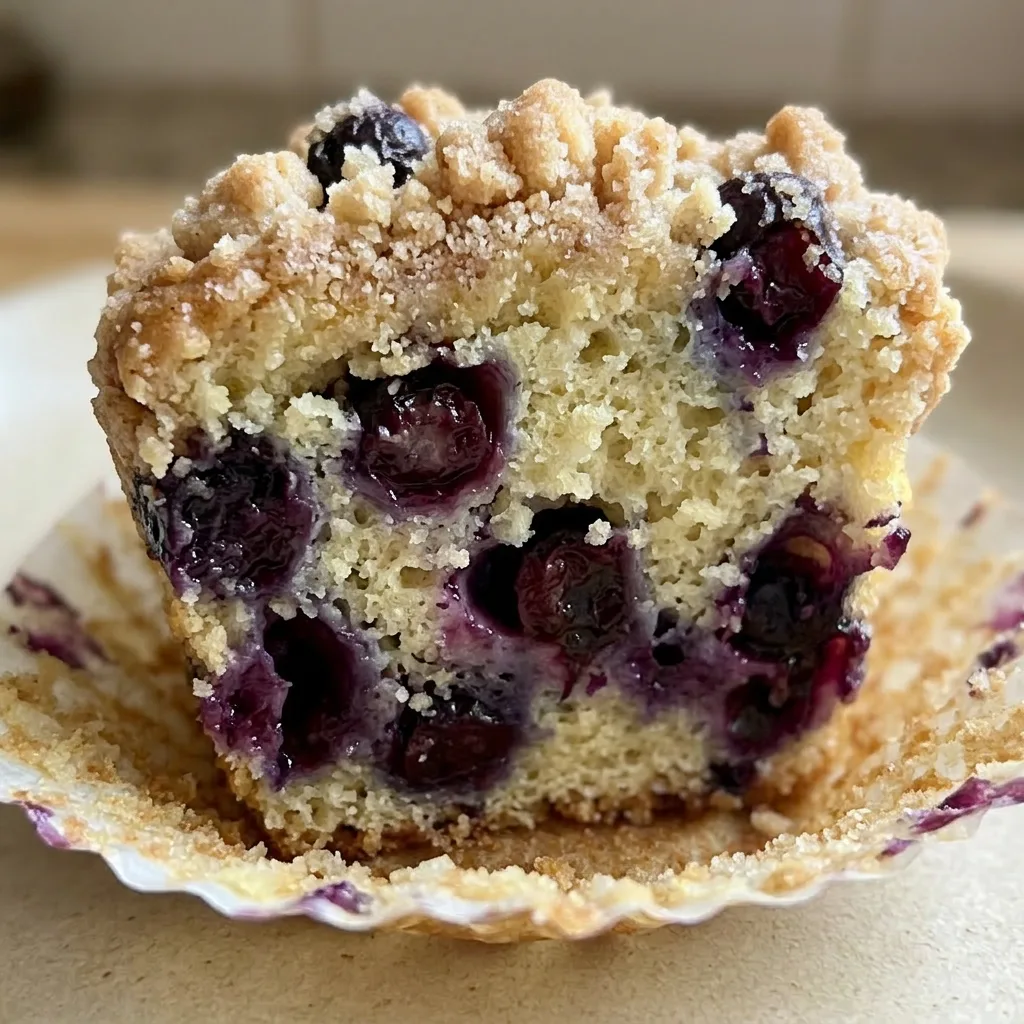 Up close, a muffin with a golden dome, visible blueberries, and a swirl of Greek yogurt on top.