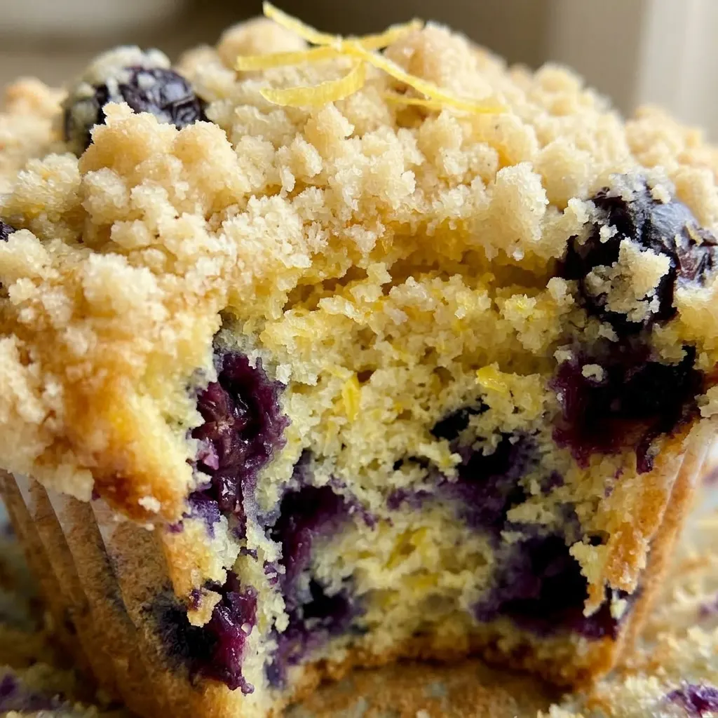 Close view of a lemon blueberry muffin showing blueberries and a drizzle of lemon glaze.