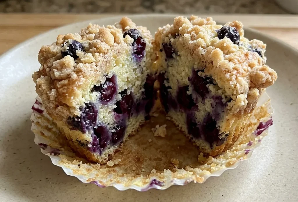 Looking down at a lemon blueberry muffin topped with a lemon glaze and fresh blueberries.