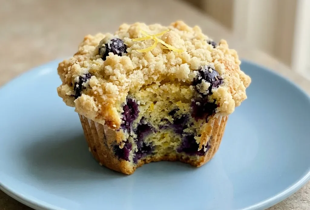 Overhead shot of a lemon blueberry muffin with visible blueberries and a lemon glaze on top.